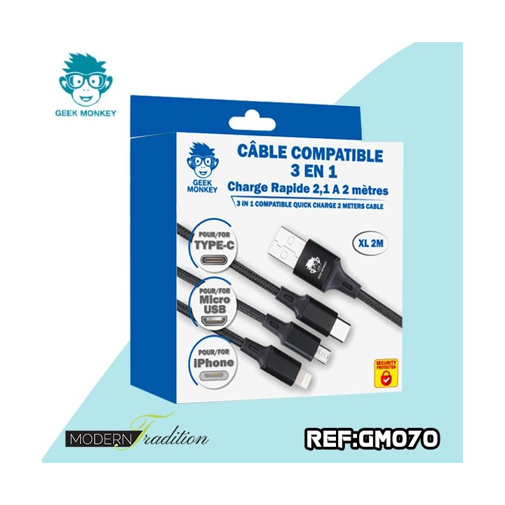 GM-CABLE 2m micro USB/IPHONE/TYPE-C 3 en 1  2.1A + eco 0,02