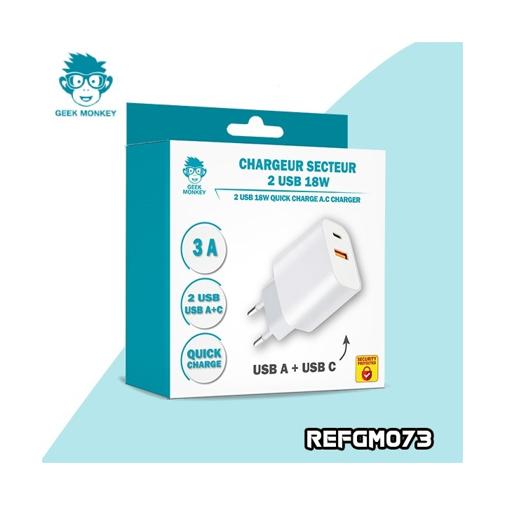GM-CHARGEUR SECTEUR USB + USB-C 3A SPLIT and QUICK CHARGE +eco 0,02€