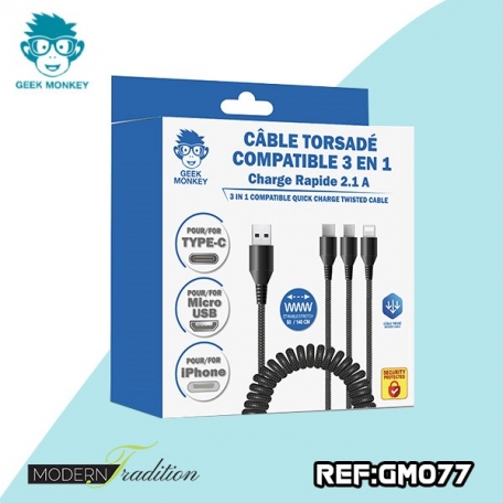 GM-CABLE TORSADE 3 en 1 étirable jusqu'à140cm+eco part 0.02