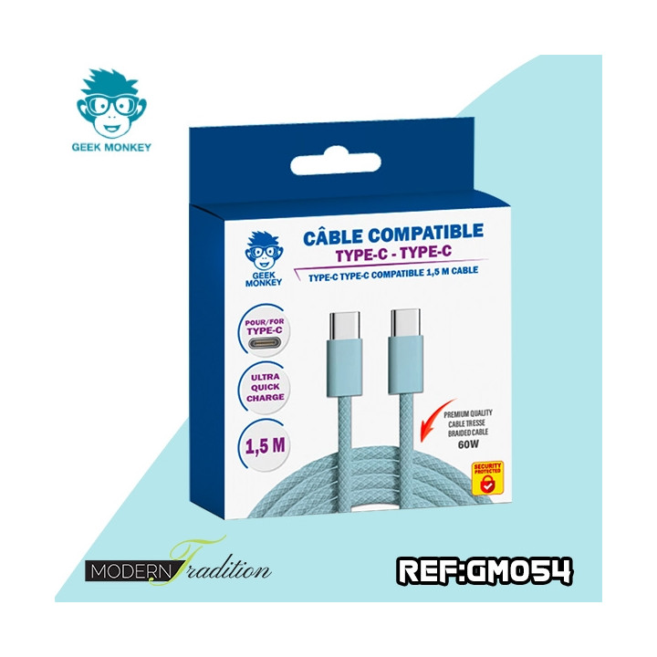 GM-CABLE TYPE C-TYPE C BLEU 1,5 M TRESSE  PREMIUM 60W+ ECO 0,04