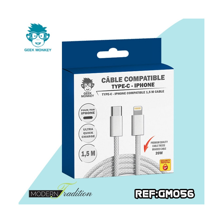 GM-CABLE TYPE C- I-PHONE BLANC 1,5 M TRESSE PREMIUM 20W + ECO 0,04