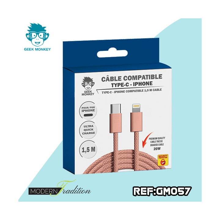 GM-CABLE TYPE C- I-PHONE ROSE 1,5 M TRESSE PREMIUM 20W + ECO 0,04