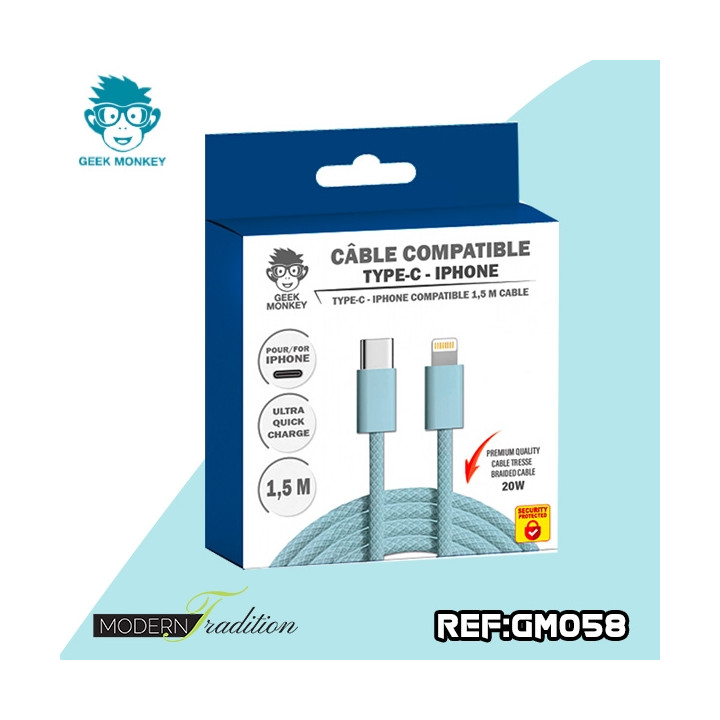 GM-CABLE TYPE C- I-PHONE BLEU 1,5 M TRESSE PREMIUM 20W + ECO 0,04
