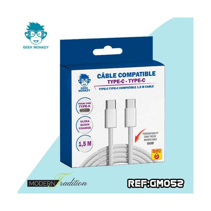 GM-CABLE TYPE C-TYPE C BLANC 1,5 M TRESSE  PREMIUM 60W+ ECO 0,04