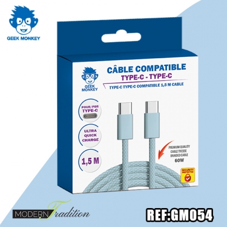 GM-CABLE TYPE C-TYPE C BLEU 1,5 M TRESSE  PREMIUM 60W+ ECO 0,04