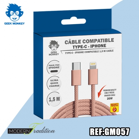 GM-CABLE TYPE C- I-PHONE ROSE 1,5 M TRESSE PREMIUM 20W + ECO 0,04