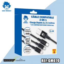 GM-CABLE 2m micro USB/IPHONE/TYPE-C 3 en 1  2.1A + eco 0,04