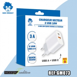 GM-CHARGEUR SECTEUR USB + USB-C 3A SPLIT and QUICK CHARGE +eco 0,04