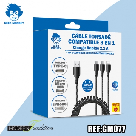GM-CABLE TORSADE 3 en 1 étirable jusqu'à140cm+eco part 0.04***