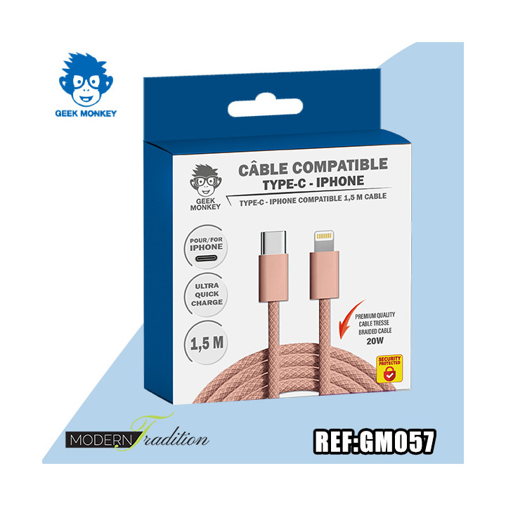 GM-CABLE TYPE C- I-PHONE ROSE 1,5 M TRESSE PREMIUM 20W + ECO 0,04