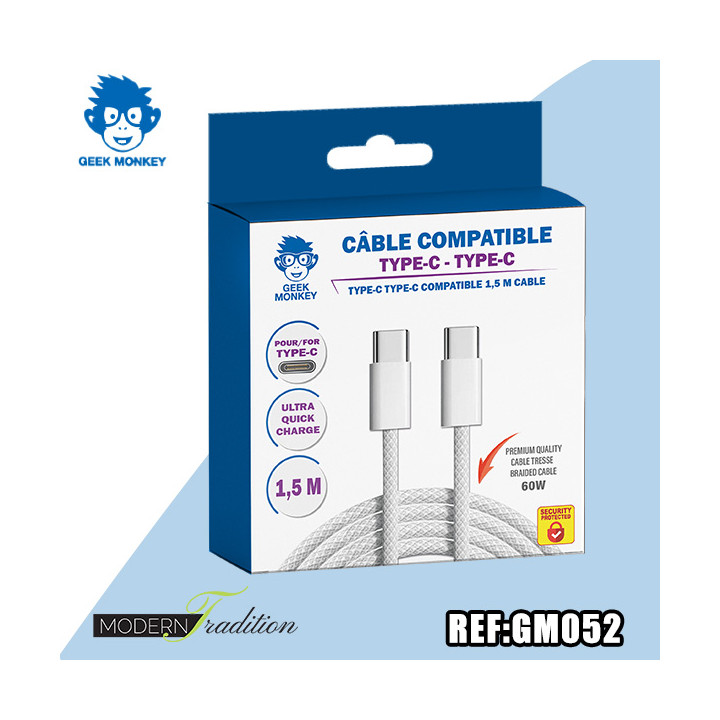 GM-CABLE TYPE C-TYPE C BLANC 1,5 M TRESSE  PREMIUM 60W+ ECO 0,04