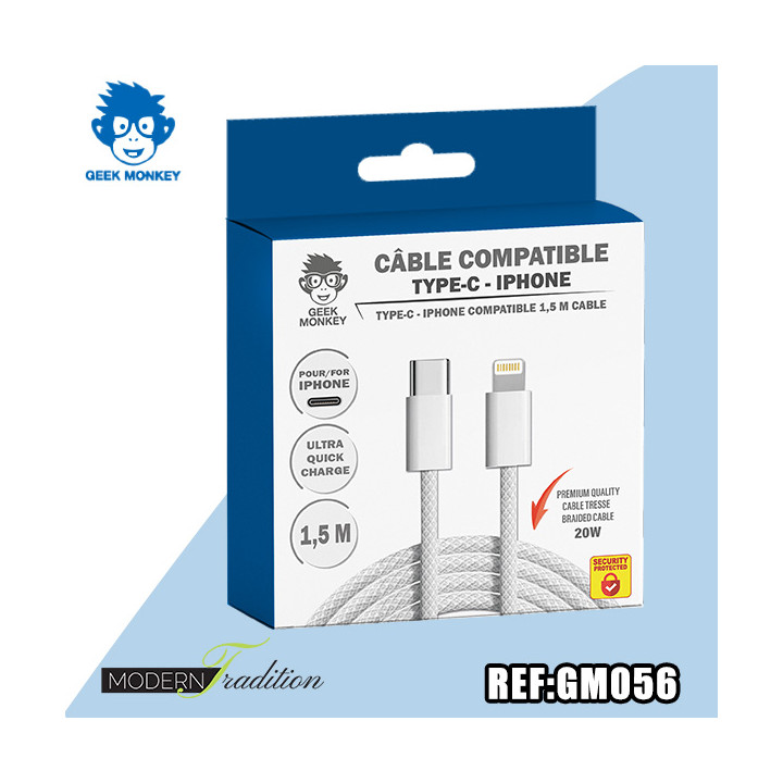 GM-CABLE TYPE C- I-PHONE BLANC 1,5 M TRESSE PREMIUM 20W + ECO 0,04