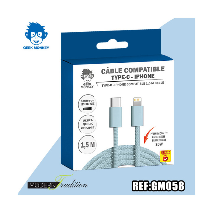 GM-CABLE TYPE C- I-PHONE BLEU 1,5 M TRESSE PREMIUM 20W + ECO 0,04