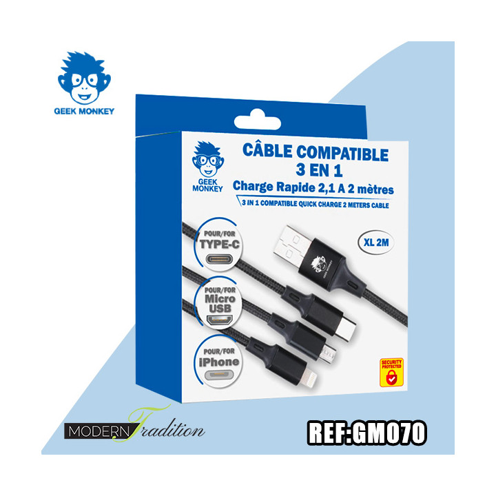 GM-CABLE 2m micro USB/IPHONE/TYPE-C 3 en 1  2.1A + eco 0,04