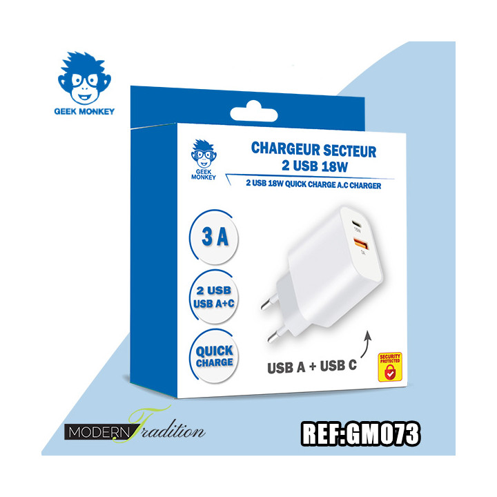 GM-CHARGEUR SECTEUR USB + USB-C 3A SPLIT and QUICK CHARGE +eco 0,04