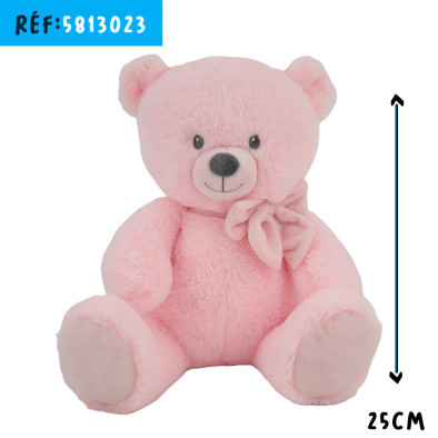 OURS ROSE NOEUD 25CM
