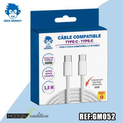 GM-CABLE TYPE C-TYPE C BLANC 1,5 M TRESSE  PREMIUM 60W+ ECO 0,04
