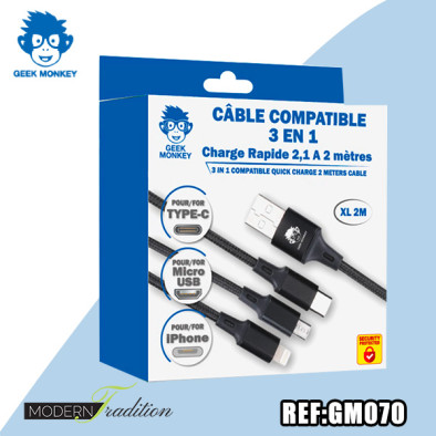 GM-CABLE 2m micro USB/IPHONE/TYPE-C 3 en 1  2.1A + eco 0,04