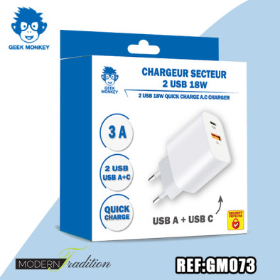 GM-CHARGEUR SECTEUR USB + USB-C 3A SPLIT and QUICK CHARGE +eco 0,04